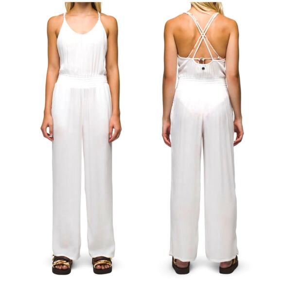 Prana Pants - Prana Fernie Wide Leg Jumpsuit Women's L White Crinkle Romper Swim Coverup Beach